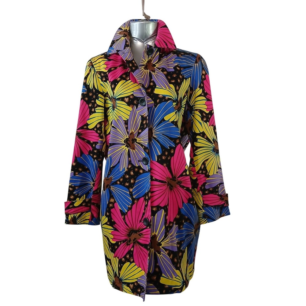 VTG Harve Benard by Benard Holtzman Floral Leopard Trench‎ Coat Multicolor Sz 6